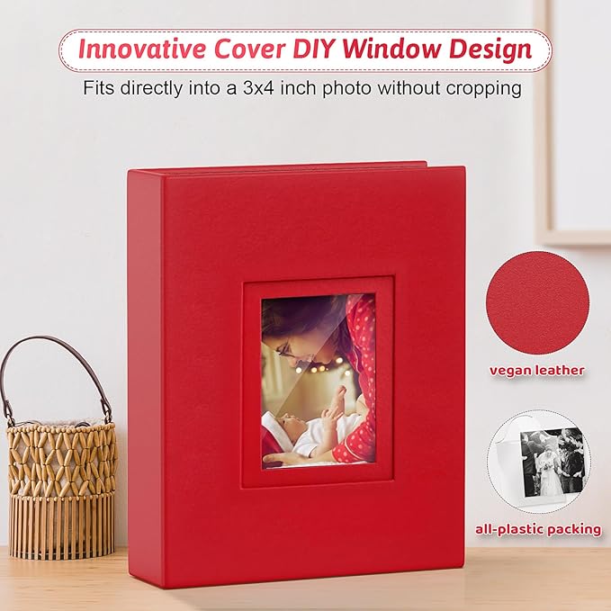 Popotop Photo Album 4x6 100 Pockets with Leather Hardcover Cover, Small Photo Album Holder Book with 50Pcs Pages for Family Travel Wedding Baby Gifts