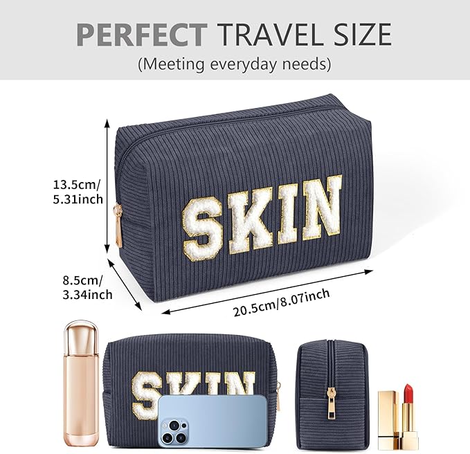 MAGEFY Small Makeup Bag Corduroy Cosmetic Bag for Women Makeup Pouch with Slip-in Pockets Cute Preppy Stuff (Grey, SKIN)