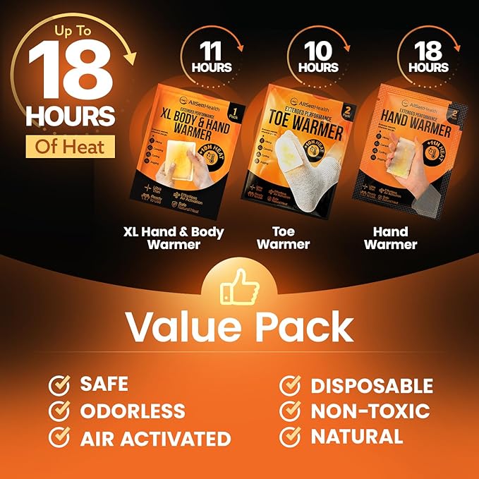 Hand Warmers Variety Set - 70 Count Ultimate Value Pack – 10 XL Body Warmers, 10 Pairs Hand Warmers, 20 Pairs Toe Warmers with Adhesive – Air Activated Heat Packs for Cold Weather and Outdoors