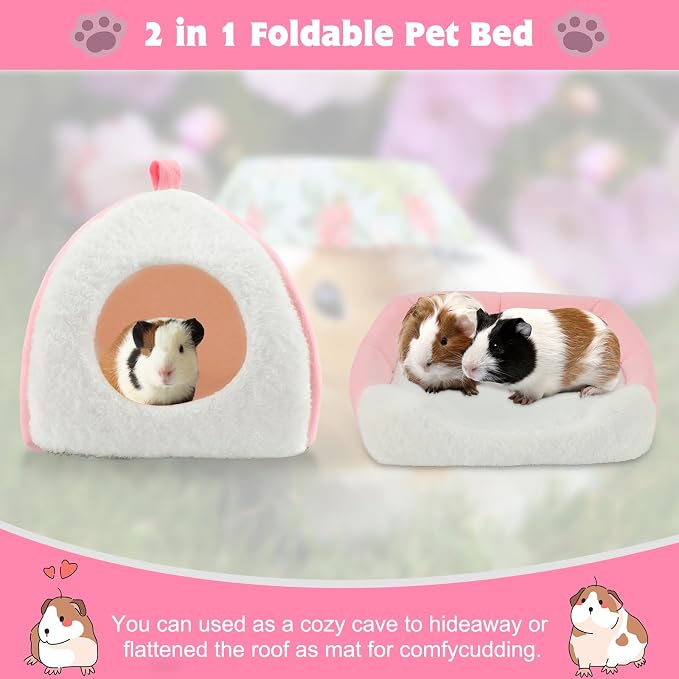 BWOGUE Guinea Pig Bed Hideout, Washable Hamster Cave for Small Animals | Removable Cushion for Cleaning, Warm Fleece Nest, Washable Bed, 10.23 x 10.23 x 11 in, Dwarf Rabbits Hedgehogs