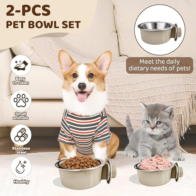2Pcs Pets Lightweight Stainless Steel Bowl,Removable Stainless Steel Pet Hanging Food Water Feeder Bowl for Puppy Dog Cat Rabbit Ferret Bird Gunea Pigs (Gray-Medium)