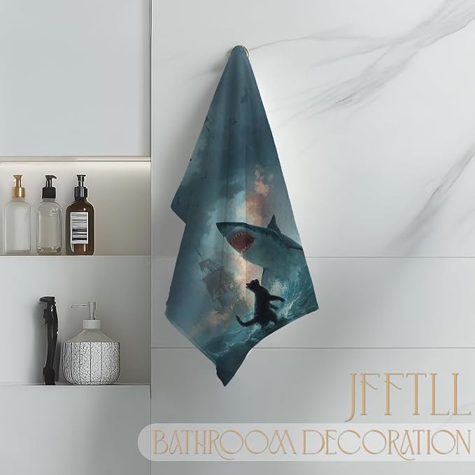 Funny Coastal Beach Cat Shark Kitchen Towels, Funny Cat Mom Lovers Gifts Dish Tea Towels for Kitchen Decor, Ocean Black Kitty Shark Decorative Hand Towel for Bathroom Decor, 16x24 Inch