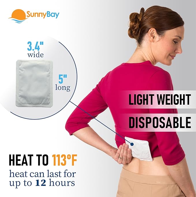 SunnyBay Adhesive Heat Patches for Neck, Knee, and Upper or Lower Back, Air-Activated Heat Pads for Menstrual Cramps, Stiffness, Sprains, and More, Stick to Clothing, 5x3 inches, 15 Count