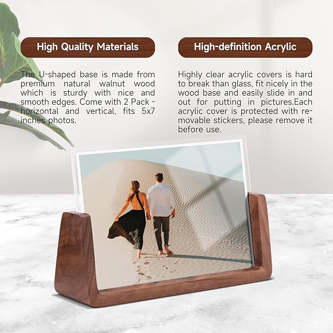 4x6 picture frames, Solid Rustic Wooden Photo Frames with Walnut Wood Base and High Definition Acrylic Glass Covers - for Tabletop or Desktop Display (4x6 inch, Horizontal)