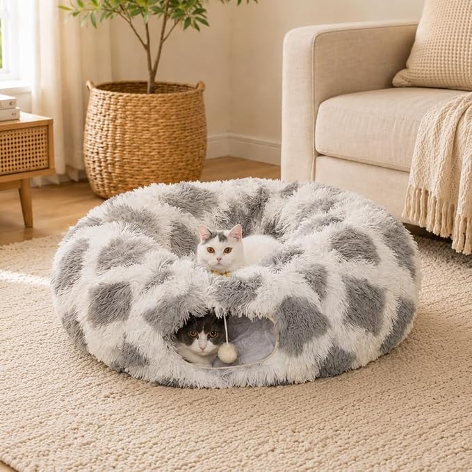 Warm Fluffy Plush Cat Tunnel Bed with Washable Cushion- Big Tube Playground Toys 3 FT Diameter Collapsible, for Indoor Cat Kitty Kitten Puppy Rabbit Ferret Gray-White Diamond Pattern