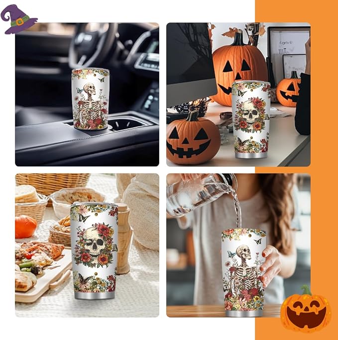 Skull Tumbler, Horror Gifts for Skull Lover Men Women, 20 Oz Horror Wicked Spooky Flower Travel Coffee Tumbler Cup with Straw & Brush, Christmas Birthday Thanksgiving Gifts, 1 PCS