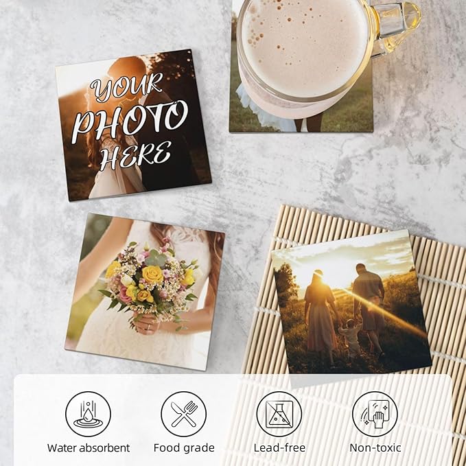 Custom Ceramic Coasters, Personalized Coasters with Photo Logo Text, Customized Cup Mat for Weddings, Bars, Coffee Table, Homes, Offices 4PCS