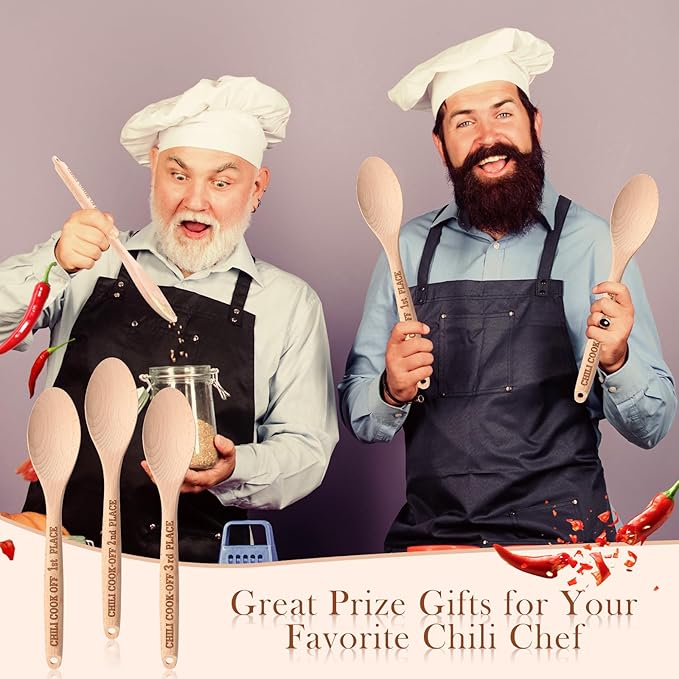 Soaoo Set of 3 Chili Cook Off Trophy Wooden Spoon Prizes Chili Engraved Cooking Spoons for 1st 2nd 3rd Cooking Competition Award(Carved at Handle)