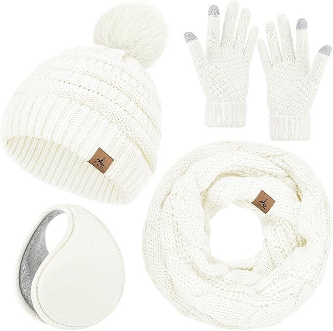 Winter Hat Scarf Gloves and Ear Warmer, Warm Knit Beanie Hat Touch Screen Gloves Set Winter Gifts Neck Scarves for Women