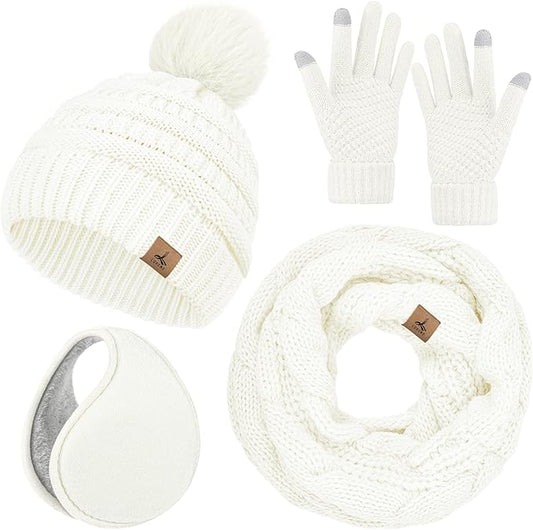 Winter Hat Scarf Gloves and Ear Warmer, Warm Knit Beanie Hat Touch Screen Gloves Set Winter Gifts Neck Scarves for Women