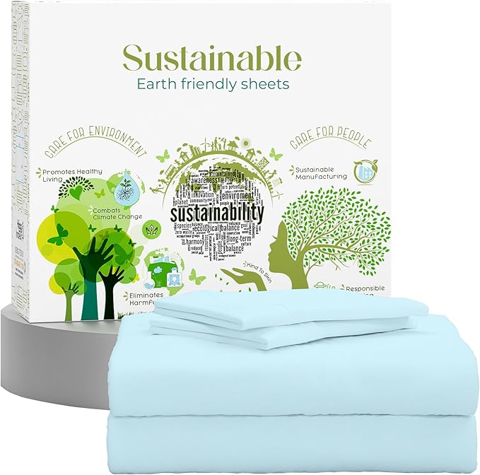 SUPREME ELEGANCE King Size Sheets Set –Natural 100% Cotton Percale Sheets King Bed Set, Oeko-tex Made in Green Sustainable, Breathable Cooling Deep Pocket Sheet, Crisp Luxury Bedding, Sky Blue