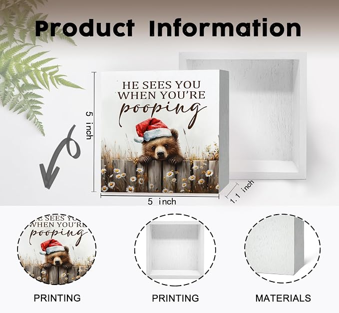 Christmas Bear Home Bathroom Decor Sign - Farmhouse Western Christmas Animal Bathroom Decor,Rustic Farm Animal He Sees You When You're Pooping Signs,Bear Gifts for Women