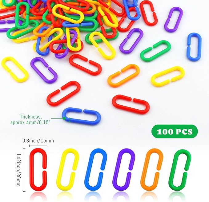 JIALEEY 100PCS Plastic Chain Links, Children's Learning Toy, Mix Color Rainbow DIY C-Clips Chains Hooks Swing Climbing Cage Toys for Bird Sugar Glider Rat Parrot