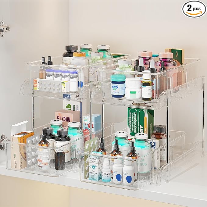 Under Sink Organizer, Bathroom Organizers and Storage, 2 Tier Multi-Use Pull Out Cabinet Organizer with Hang Hooks and Cups (transparent, 2 Pack)