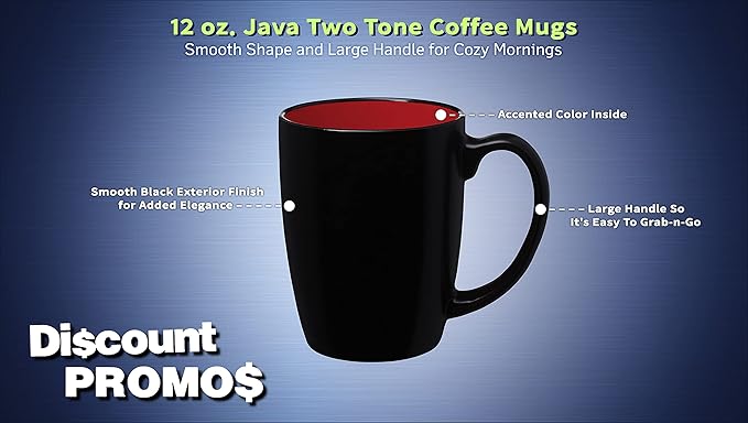 DISCOUNT PROMOS 10 Java Two Tone Coffee Mugs Set, 12 oz. - Stoneware, Durable, Easy Grip - BLACKRED