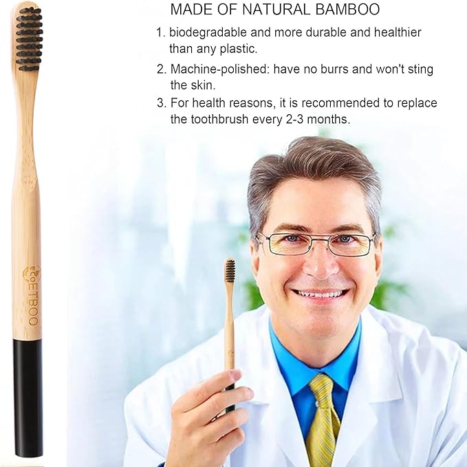 Bamboo Toothbrushes Medium Hard Bristles for Adults 10 Pack, Wooden Toothbrush Family Set Natural Organic Tooth Brush Black White