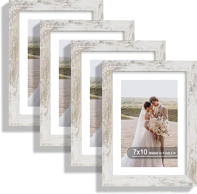 7x10 Picture Frame Set of 4, Made of Real Glass and Distressed White Frame - Display Picture 5.5x8.5 with Mat or 7x10 Without Mat, 7 by 10 Photo for Wall or Tabletop