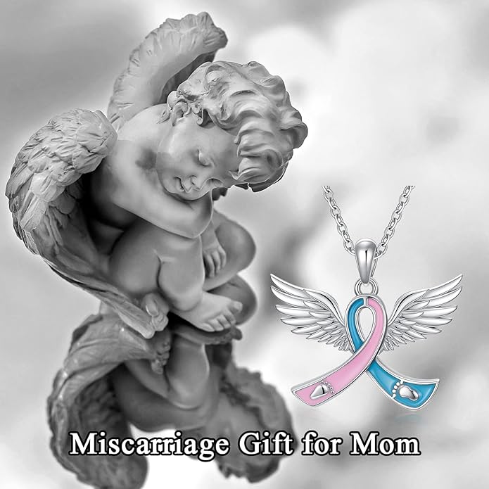 AOBOCO Miscarriage Gifts for Mothers 925 Sterling Silver Blue and Pink Ribbon Angel Wing Pendant Pregnancy Loss Awareness Sympathy Necklace Memorial Gift for Mom