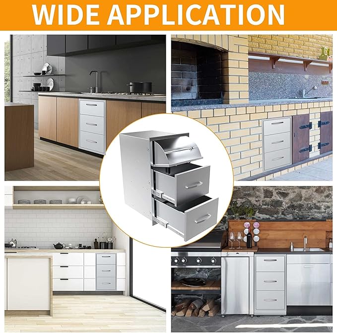 Outdoor Kitchen Drawers Stainless Steel 17W X 30H X 21D Inch, Flush Mount Triple BBQ Island Drawers with Handle for Outdoor Kitchens, Patio or Grill Station