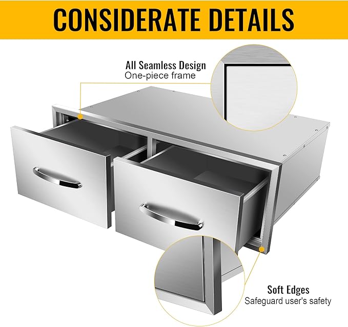 Outdoor Kitchen Drawers Stainless Steel 30W X 10H X 20D Inch, Flush Mount Double BBQ Island Drawers with Handle for Outdoor Kitchens, Patio or Grill Station