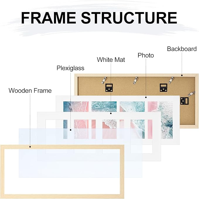 Vittanly 8x20 Collage Picture Frame, Displays 4Pcs 4x6 Pictures with Mat or 1Pcs 8x20 without Mat, Picture Frames Collage Wall Decor for Horizontal or Vertical Display, Nature Wood, 1 Pack