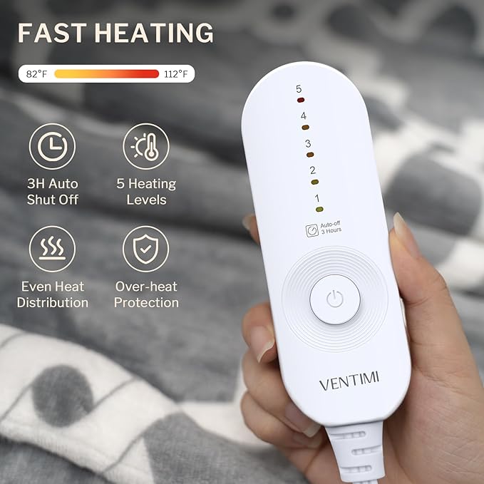 VENTIMI Electric Heated Blanket Throw, Heating Blanket with 5 Heat Settings & 3 Hours Auto-Off Timer, Warm Flannel Sherpa Heated Throw for Winter, Overheat Protection, 50’’×60’’, Machine Washable