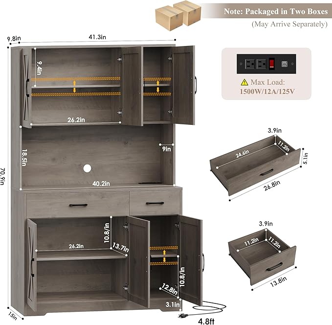 HOSTACK 71" Pantry Cabinet with Charging Station, Tall Kitchen Pantry Storage Cabinet with Microwave Stand, Farmhouse Kitchen Hutch with Storage Drawers for Living Room, Dining Room, Ash Grey