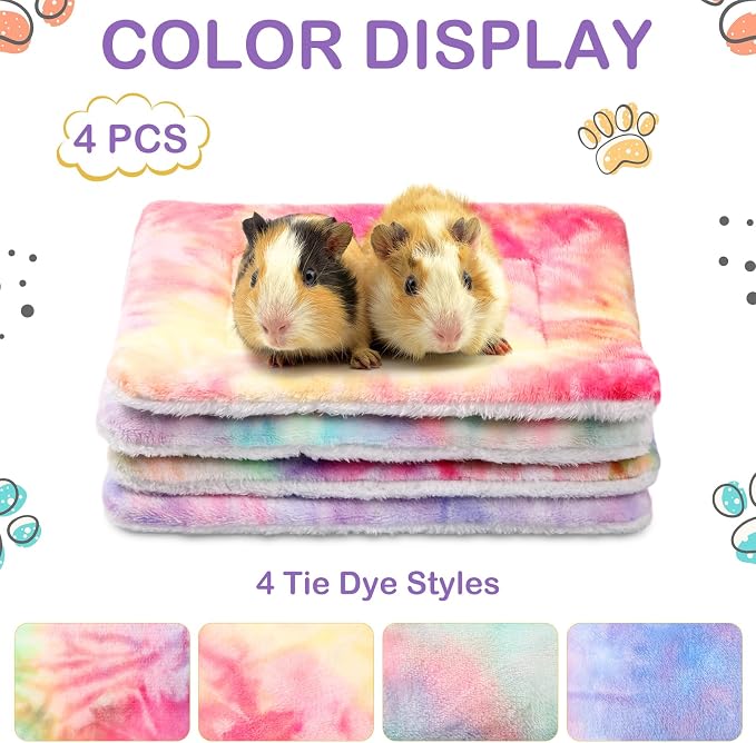Haull 4 Pcs Waterproof Guinea Pig Bedding Soft Dog Cat Bed Crate Mat Small Animal Plush Cage Liners Rabbit Bunny Kennel Pad Reversible Cozy Pee Thickened Hamster Pad(Tie Dyed,13 x 10 Inch)