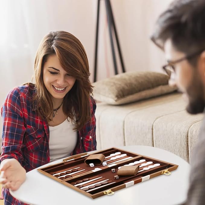 Backgammon Set - Classic Board Game with Premium Leather Case - Portable Travel Strategy Backgammon Game Set for Adults, Kids (18inch, Khaki)
