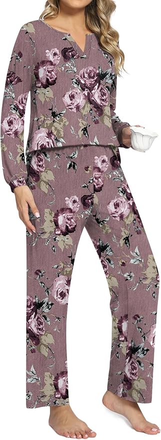 Anyally Women's Plus Size Pajama Sets Ladies Fall Pjs 2 Pieces Lounge Outfits V Neck Long Sleeves Sleepwear with Pockets