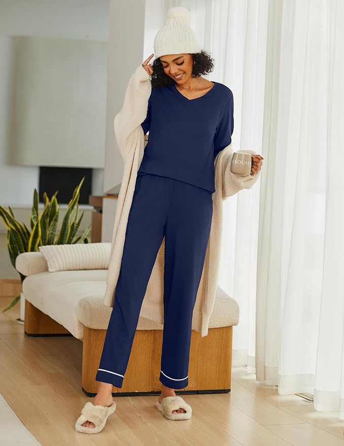 Ekouaer Womens 2 Pack Pajama Set Long Sleeve Pajamas Top and Pants V Neck Pjs Set Soft Loungewear with Pockets