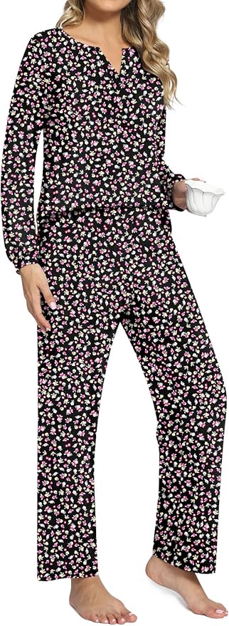 Anyally Women's Plus Size Pajama Sets Ladies Fall Pjs 2 Pieces Lounge Outfits V Neck Long Sleeves Sleepwear with Pockets
