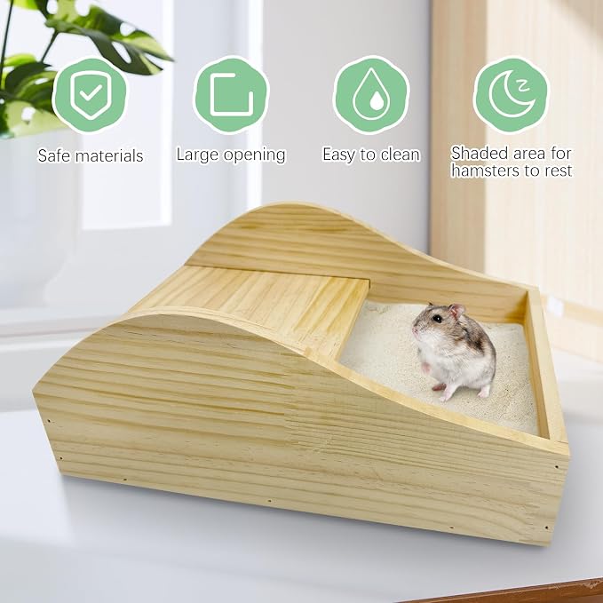 PINVNBY Hamster Sand Bath Box Wooden Shower Room Digging Sand Bathtub Container Hamster Bathroom for Dwarf Syrian Mice Mouse Gerbils with Small Bowl