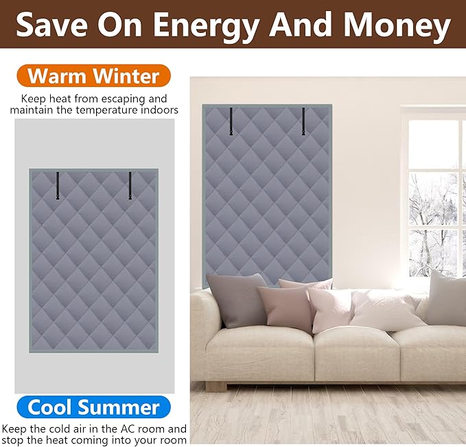 3 Layer 63 x 39 Inches Winter Insulated Window Cover-Oxford Thermal Insulated Window Blanket with Fastener-Gray Window Insulation Kit for Winter Keeping Warm