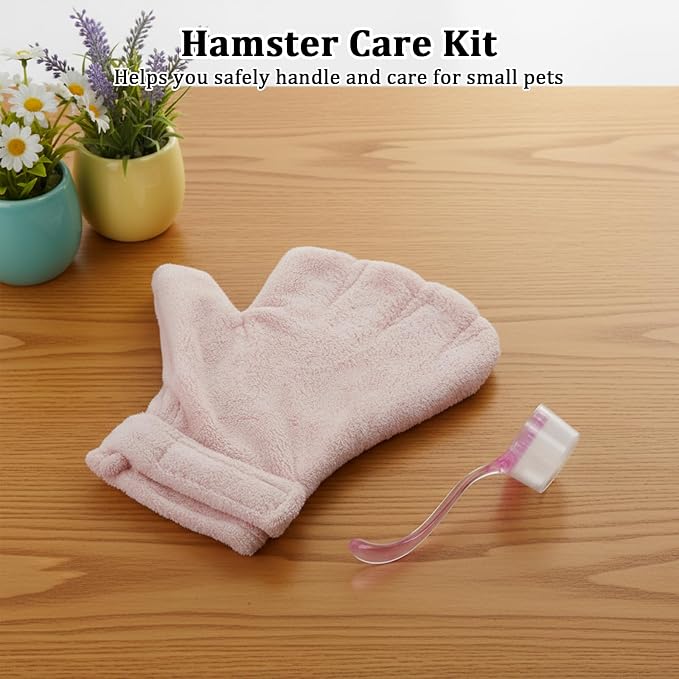 Hamster Bite Proof Glove and Grooming Brush Set, Adjustable Hamster Glove, Lid Soft Cleansing Brush Massage Combs, Guinea Pig Brush, Hamster Care Set for Hamsters, Ferrets, Hedgehogs (Pink)
