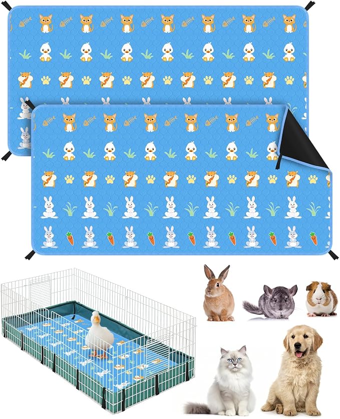 Bissap 2‑Pack Guinea Pig Cage Liners, 47''x24'' Pet Pee Pad Bedding, Blue | Non‑slip Waterproof TPU Layer, Super Absorbent, Washable Reusable Bedding for Guinea pig, Rabbit, Hamster, Chinchilla, Rat