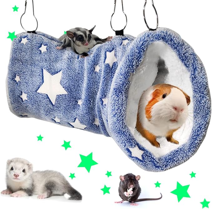Noctilucent Luminous Guinea Pig Rat Hammock Bunkbed Hanging Tunnel and Soft Bed Mat for Ferret Hedgehog Chinchilla Squirrel Hamster Mice Sugar Glider Hideout Cage Accessories (1. Tunnel Hammock)