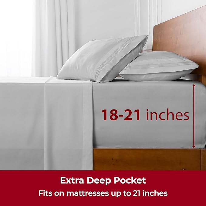 Mellanni Extra Deep King Sheets - 4 PC Iconic Collection Bedding - Hotel Luxury, Ultra Soft, Cooling Bed Sheets - Wrinkle, Fade, Stain Resistant (King, Light Gray)