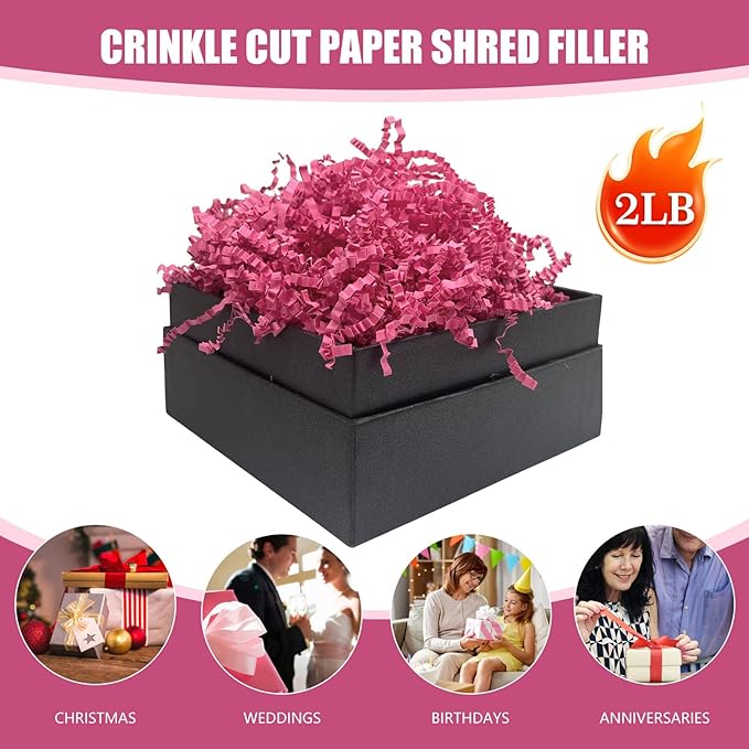 Fuchsia Crinkle Cut Paper Shred Filler, 2 LB Basket Filler Shredded Paper, Confetti Stuffing for Basket Filling, Halloween, Thanksgiving, Christmas, Birthdays, Gift Wrapping, Stuffer Party Supplies