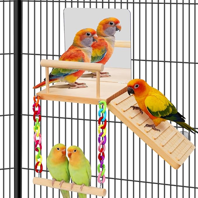 Bird Perches Swing Platform with Bird Mirror Birds Ladder Toys | Climbing Ladder Cage Accessories for Cocktail, Budgie, Lovebirds, Parrotlets Play Gym Exercise Stand (with Mirror)