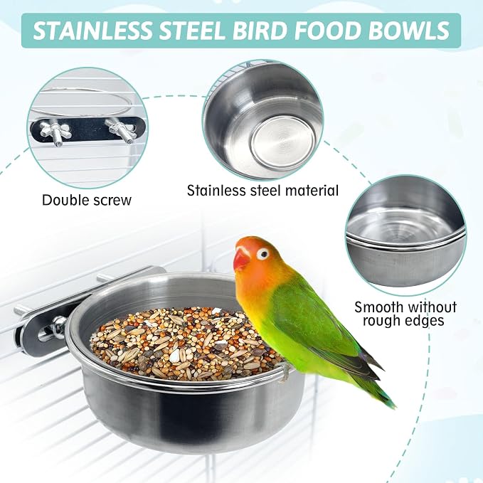 PINVNBY Stainless Steel Bird Bowl Parrot Food Water Bowls with Clamp Holder Bird Feeder Dish Cups Crate Bowls for Cockatiel Pigeons Conure Budgies African Greys (2PCS Screw Size: L)