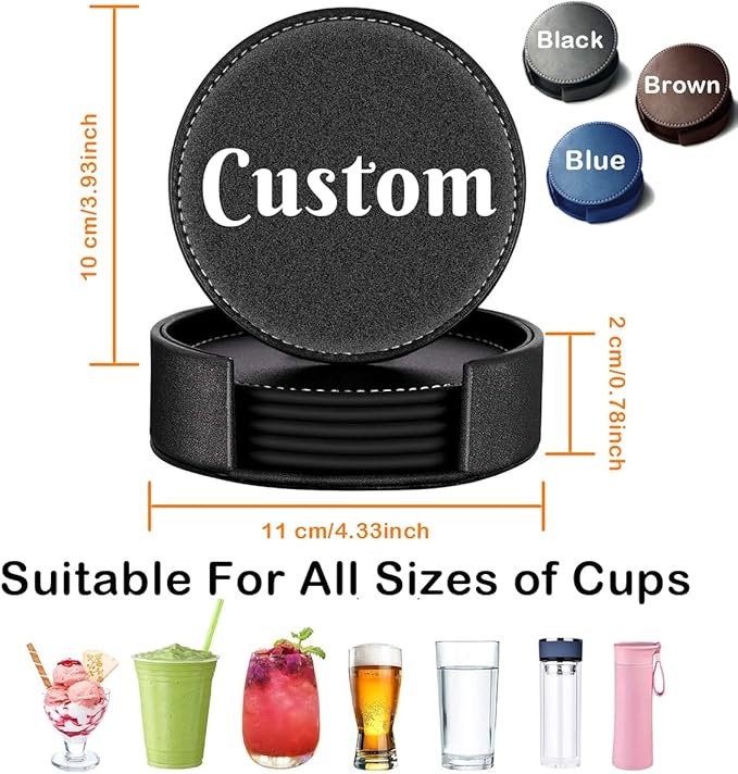 Custom Name Coasters, Personalized Set of 5 Leather Coaster with Holder, Customize Split Monogram, Non-Slip Heat Resistant Waterproof for Coffee Table Bar Beer Wine Cup Housewarming Wedding Party Gift