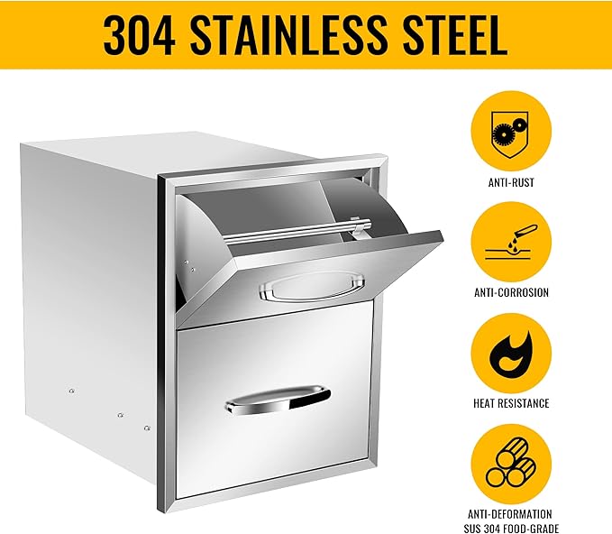 Outdoor Kitchen Drawers Stainless Steel 16W X 20H X 20D Inch, Flush Mount Double BBQ Island Drawers with Handle for Outdoor Kitchens, Patio or Grill Station