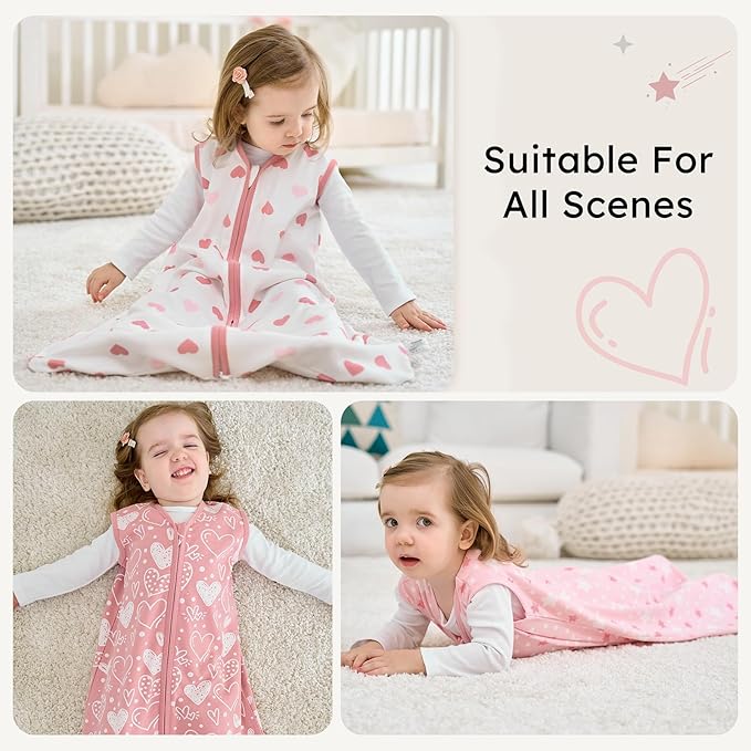 Baby Sleep Sack 0-6 Months, 100% Cotton Sleeping Sack for Newborn and Infant, 3 Pack Baby Wearable Blanket for Boy and Girl, 0.5 Tog Lightweight Double Zipper Sleep Bag Pink Heart