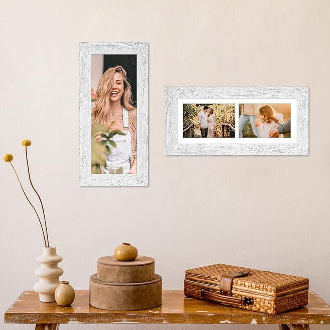6x15 Picture Frame Display 2 opening 5X7 Double Picture Frame Collage,Multi Photo Frame with Mat,Plexiglass,Horizontal and Vertical Formats for Wall Decor,Distressed White Wood Grain