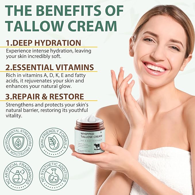 Beef Tallow for Skin, Whipped Tallow Cream Organic for Face, 100% Grass-Fed Pure Beef Tallow, Honey & Beeswax, Whipped Tallow Honey Balm for Face Moisturizer Body Lotion Skin Care for Sensitive Skin