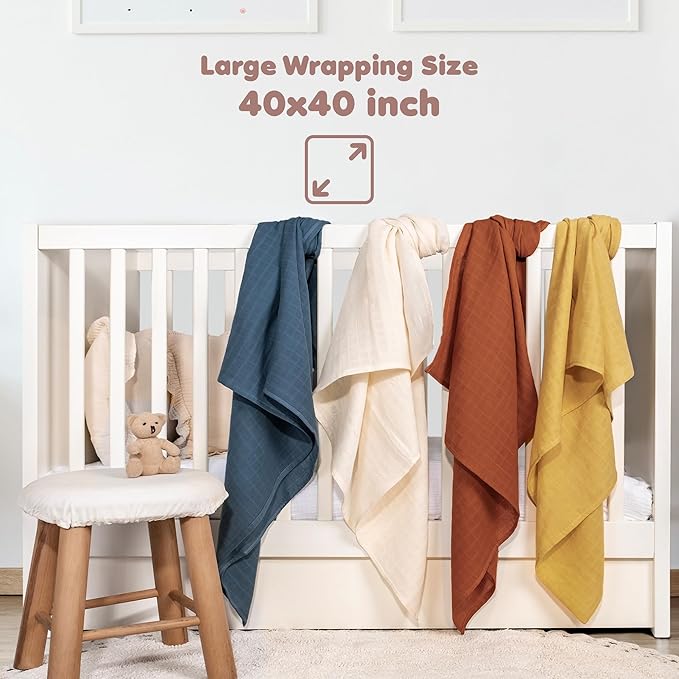 Muslin Swaddle Blankets - 4 Pack, 100% Organic Turkish Cotton Baby Blankets, Soft & Breathable Newborn Swaddles, Baby Wrap for Boys & Girls, Ideal for Sensitive Skin (4 Pcs, 40x40 Inch)