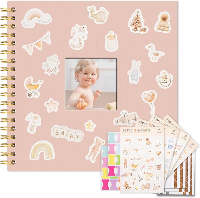 Vienrose Kids Scrapbook Album 10.4"X10.0" with Window Silk Fabric Cover Acid-Free Pages Personalised DIY Photos Scrapbooking for Baby Memory Book, First Year Keepsake Journal Gift Boy Girl, Pink
