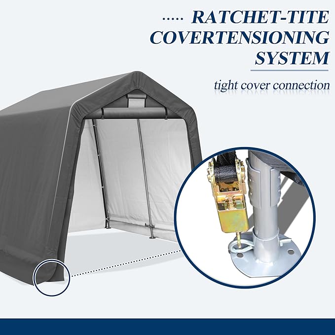 COVERONICS 8' x 8' Outdoor Storage Shed - Heavy Duty Portable Shelter Carport with Ventilation Windows and Roll-up Doors, Storage Shelter Tent for Motorcycle, Bike, Lawnmower and Garden Tools, Grey