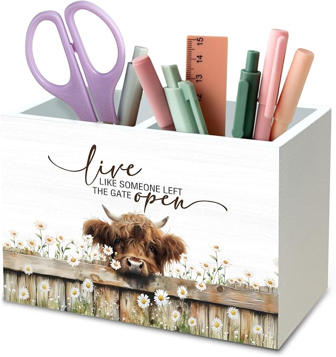 DILSJ Inspirational Highland Cow 2 Compartment Pen Pencil Holder Organizer for Desk, Highland Cow Gifts for Women, Live Like Someone Left The Gate Open Wooden Box Signs for Home Office Desk Decoration